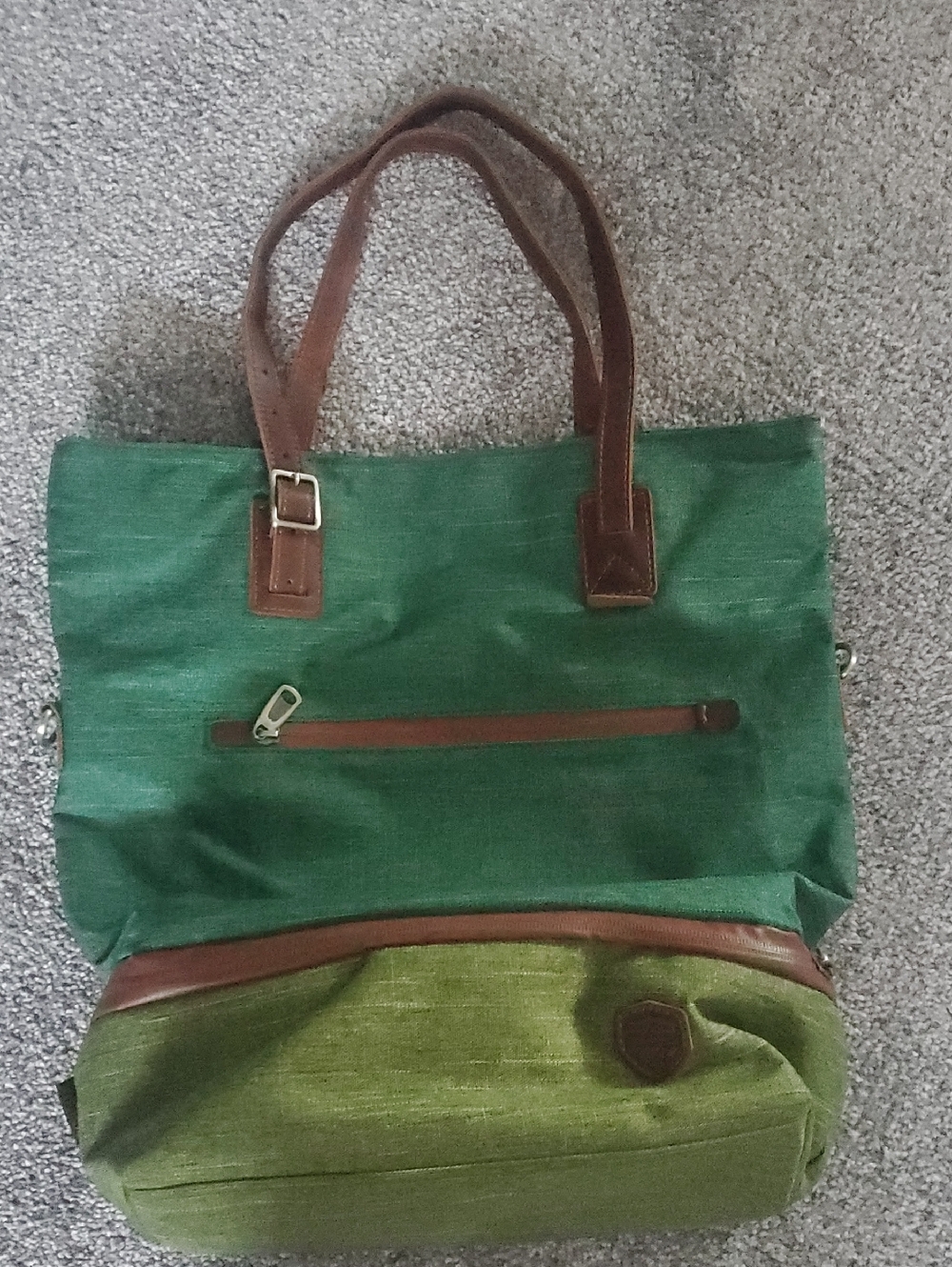 Green Canvas Tote with Brown Trim and Front Pocket